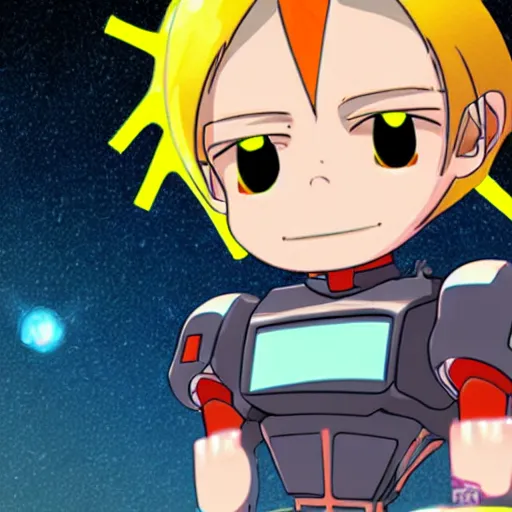 Prompt: the fullmetal neon friendly robot orion crosses the infinite boundary between reality and simulation, kawaii children illustration