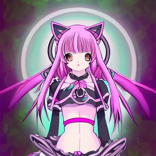 Image similar to digital card art of anime (cat) girl with cat ears surrounded by magic circles. Pink hue. Highly detailed. Beautiful