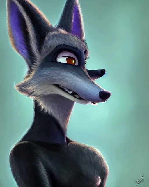 Prompt: dark oil painting of anthromorphic female wolf, in style of zootopia, zootopia, zootopia, fursona, furry, furaffinity, 4 k, deviantart, furry art, fursona art, wearing black business suit, business suit, in style of zootopia, wolf fursona, cyberpunk, female, very very very expressive detailed feminine face,