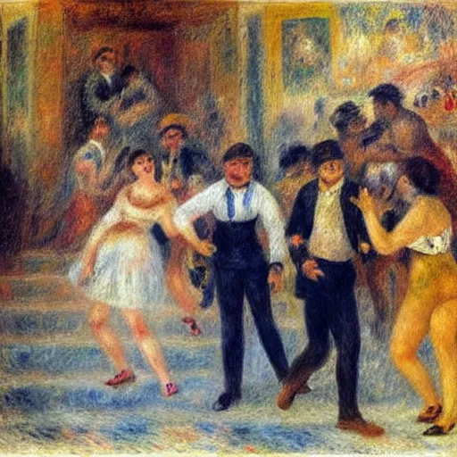 Prompt: disco party, strobo lights, millennials dancing, shorts and short skirts, the square of an italian small town with stairs, impressionist drawing by renoir, high definition