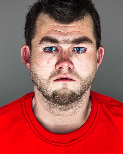 Prompt: prison mugshot of real - life mr. krabs, bright flash, red shell, blue shirt, blue jeans, low saturation, somber expression, protruding eyestalks, rugged textured face, soft vignette, soft focus, 5 0 mm, 4 k, nypd