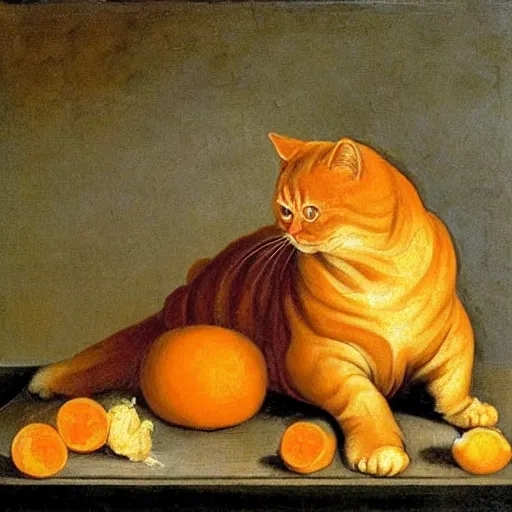 Image similar to realistic baroque painting of a giant fat orange tabby cat preparing to devouring a steaming hot lasagna, oil painting by goya, caravaggio, dramatic lighting, garfield by jim davis