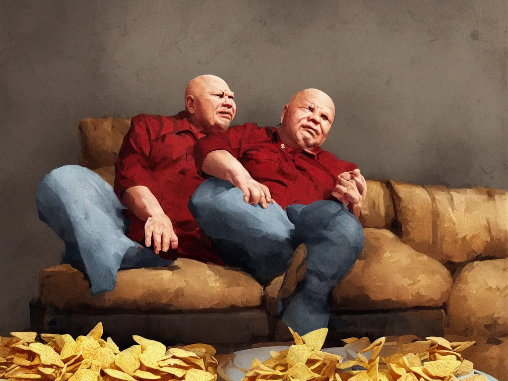 Prompt: nikita khrushchev sitting on a couch and eating a bowl of corn chips, digital painting, highly detailed, style by jordan grimmer and greg rutkowski, illustration