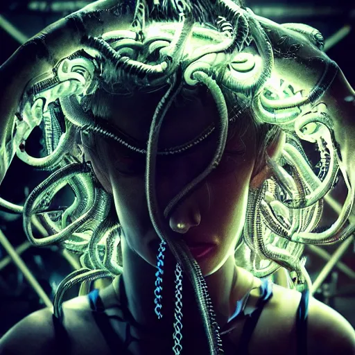 Image similar to Cyberpunk medusa, dark atmosphere, cinematic shot, intricate, ornate, photorealistic, ultra detailed, realistic, 35mm, photography, neon, octane, high definition, depth of field, bokeh, 8k, artstation