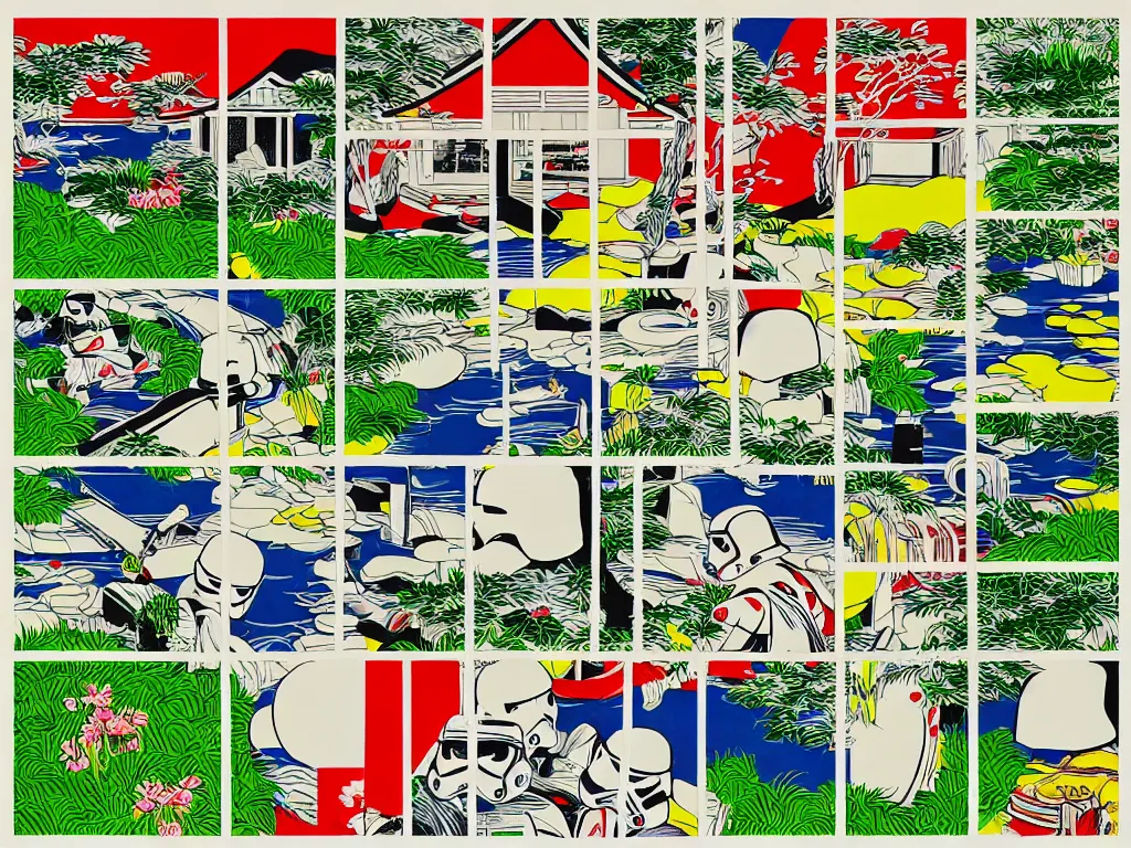 Image similar to detailed close - up image of the japanese home with a garden and a pond, 2 stormtroopers sitting around it, pop - art style, jacky tsai style, andy warhol style, roy lichtenstein style, rich palette, acrylic on canvas