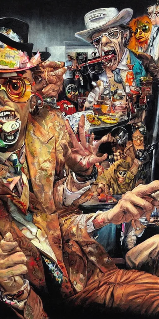 Image similar to oil painting scene from Fear an loathing in las vegas movie art by kim jung gi