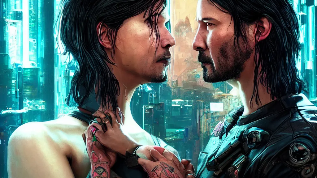 Image similar to a cyberpunk 2077 srcreenshot couple portrait of a Keanu Reeves and a female android final kiss,love,film lighting,by Laurie Greasley,Lawrence Alma-Tadema,Dan Mumford,John Wick,Speed,Replicas,artstation,deviantart,FAN ART,full of color,Digital painting,face enhance,highly detailed,8K,octane,golden ratio,cinematic lighting