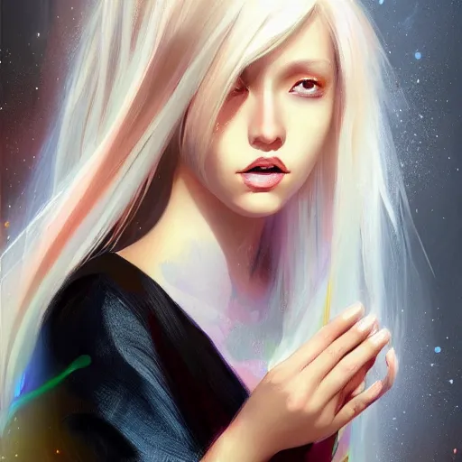 Prompt: a digital painting of a woman with blonde hair, a character portrait by feng zhu, cgsociety, fantasy art, ethereal glow, light white rainbow nails and a glowing chromatic sword behind her, artstation hq, artstation hd, fantasy