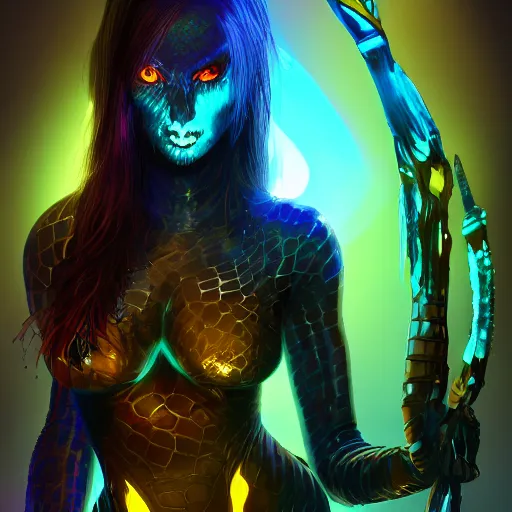 Image similar to dark art, Hot reptile humanoid woman, wearing armor, long blue hair, glowing yellow eyes, dark world, futuristic, digital art, artstation, concept art, 4k, 8k