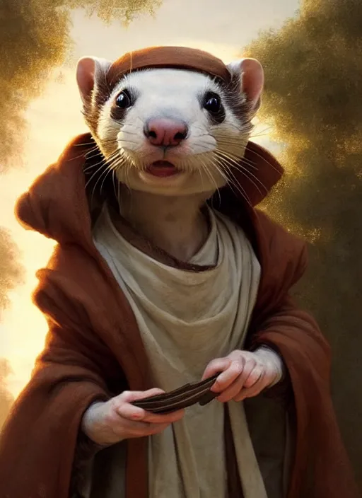 Prompt: a beautiful closeup shot from a fantasy film of a humanoid grey ferret wearing a loose tunic. an anthropomorphic ferret. golden hour. joseph ducreux, greg rutkowski.