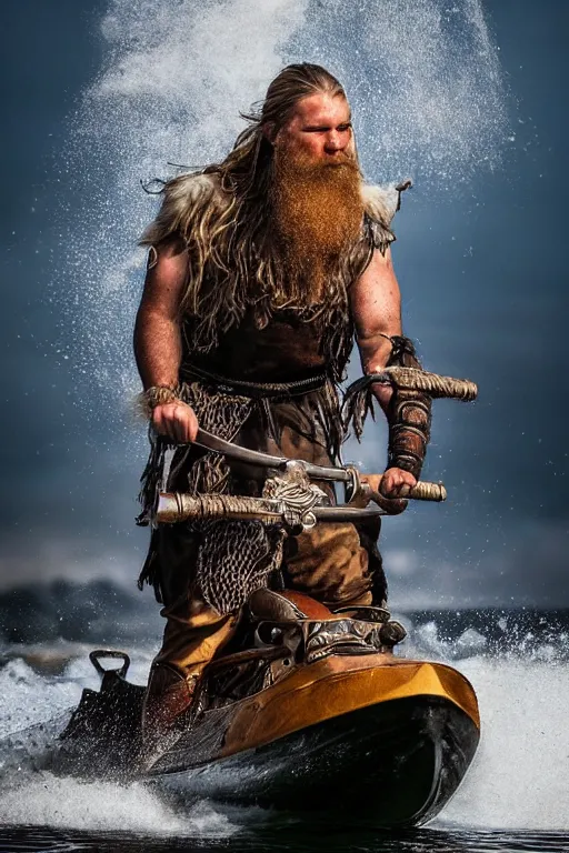 Image similar to old vintage full body photo of ancient viking warrior with full beard on the complex complex steam punk jet ski with antigravity engine during big viking event, extreme sports photography ,super high speed photography, dynamic photography,symmetrical face, clean face, muscular body, high speed,dirt and grawel in air, lens flares, dust partiles in the air, dramatic lighting, intricate, highly detailed, centered, smooth, sharp focus, sports photography, old photo, black and white, sepia, cinematic lighting, cinematic angle, national geographic