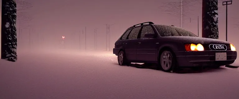 Image similar to Audi A4 B6 Avant (2002), a gritty neo-noir, dramatic lighting, cinematic, eerie person silhouette, death, homicide, homicide in the snow, gunshots, establishing shot, extremely high detail, photorealistic, cinematic lighting, artstation, by simon stalenhag, Max Payne (PC) (2001) winter New York at night, In the style of Max Payne 2 graphic novel, flashing lights, Poets of the Fall - Late Goodbye