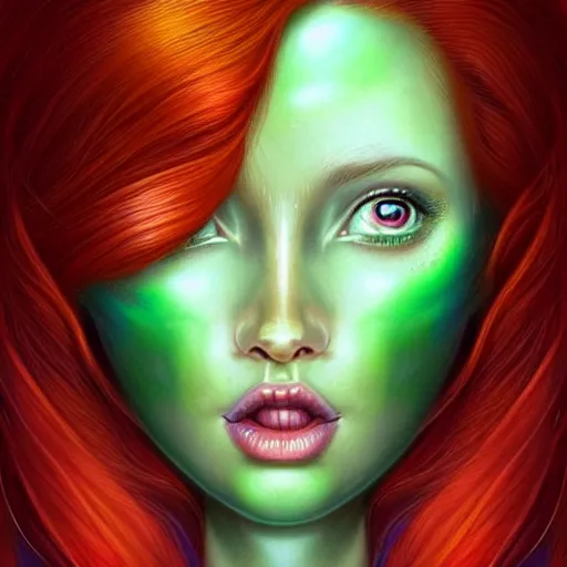 Image similar to Redhead Pleiadian alien human beautiful hybrid feminine woman, green skin, long gorgeous red hair in loose curls, with stunning green eyes, cute round face and a roundish nose, as a retrofuturistic heroine, face and body, gorgeous psychedelic digital painting, artstation, concept art, smooth, sharp focus, illustration, art by artgerm and donato giancola and Joseph Christian Leyendecker, Ross Tran, WLOP