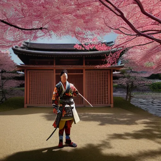 Prompt: hyperrealistic painting of a highly detailed photorealistical samurai, standing in front of traditional Japanese hut, cherry blossom trees outside, Feng Shui Style, cinematic concept art, art station, award winning art, 8k, octane render, unreal engine 5