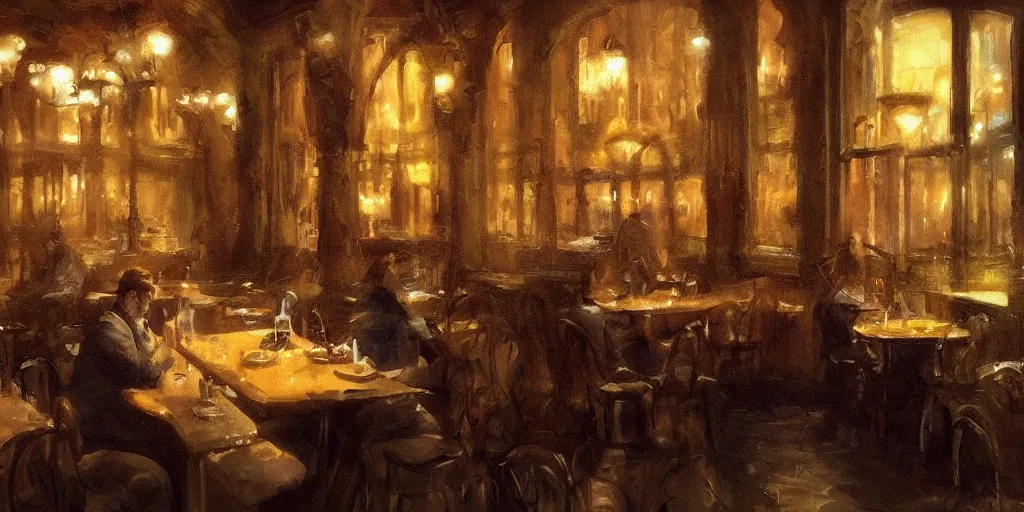 Image similar to brown cat with yellow eyes is sitting at table in a cafe at paris in early 2 0 th century. atmospheric feeling, warm colours, brown colours, yellow colours, epic scene, cinematic, very detailed, concept art, trending on artstation