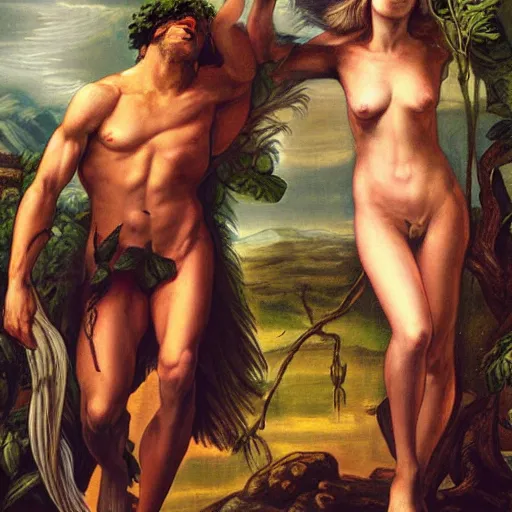 Image similar to Close-up of God being angry in the Garden of Eden. Adam and Eve look very guilty- elegant, highly detailed, centered, Artgerm