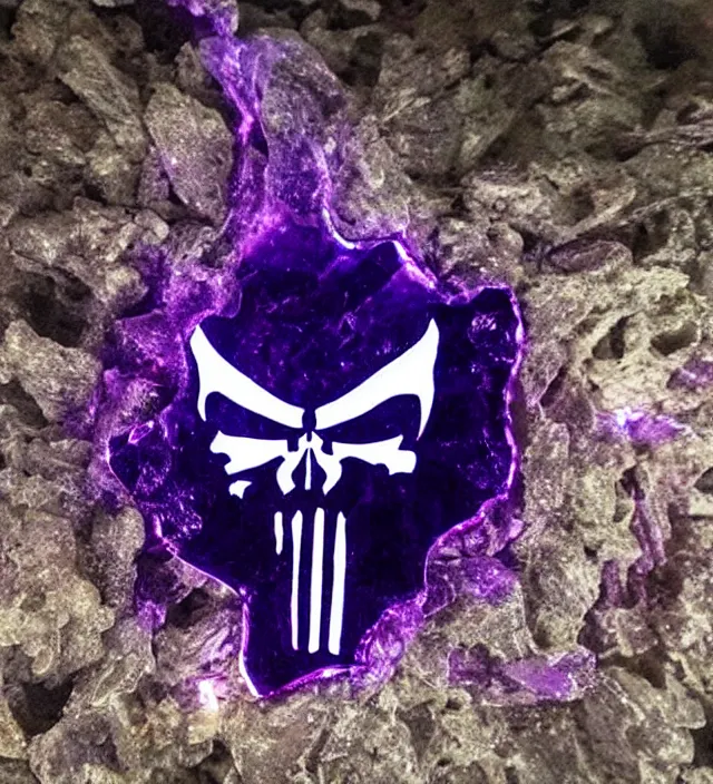 Prompt: punisher symbol is luminous deep purple crystal growing in a cave with smoke and light rays.