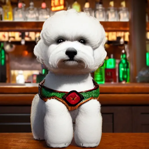 Prompt: a photorealistic photograph of a Trader Vic's Tiki Mug featuring a Bichon Frisé puppy at bar Trending on Artstation, featured on Behance, well-rendered, Unreal Engine, 4K HD