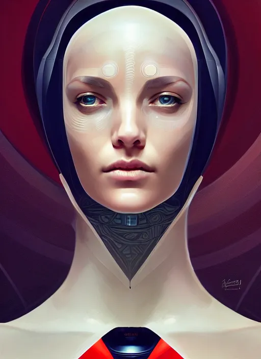 Image similar to portrait of female android, symmetry, intricate, elegant, highly detailed, smooth, sharp focus, concept art, digital painting, illustration, artstation, by fra angelico, sandra chevrier and greg ruthkowski