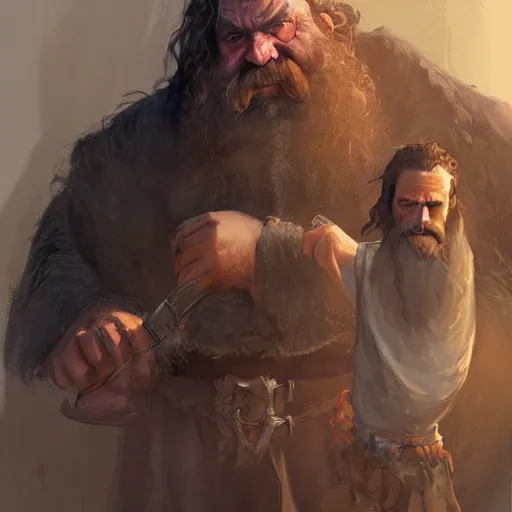 Image similar to gimli meets hagrid, dwarf, giant, character design, greg rutkowski