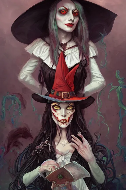 Image similar to portrait of a witch, american mcgee's alice, sharp focus, artstation, trending, by julie dillon, luis melo, tyler miles lockett, lei jin, hong lei, ken wong, adam narozanski, joy ang