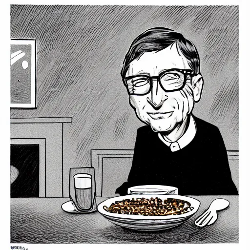 Image similar to New Yorker cartoon of Bill Gates eating a bowl of crickets