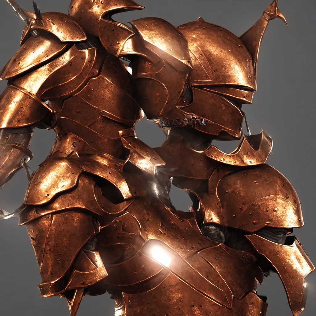 Image similar to of a 3 d rendering realistic illustration of a knight character that has a helmet that is made of copper and gold, beautiful sculpted details, cinematic lighting, this knight is a war lord who roamed the fields in many battles, there is a faint red aura to him displaying a lot of power, volumetric lighting