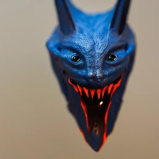 Image similar to detailed full body of scary giant mutant dark blue humanoid pygmy-bat, glowing red eyes, sharp teeth, acid leaking from mouth, realistic, giant, bat ears, bat nose, furred, detailed, 85mm f/1.4