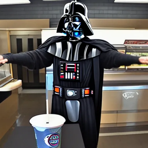 Prompt: Darth Vader working at Quiznos making a 12 inch sub for Luke Skywalker