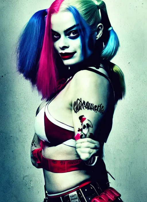 Image similar to photo of seductive beautiful suicide squad happy margot robbie with long white hair that looks like harley quinn standing on the wet street of gotham city, pinup model, glamour fashion pose, cinematic, volumetric lighting octane, studio lighting, global illumination, arney freytag,