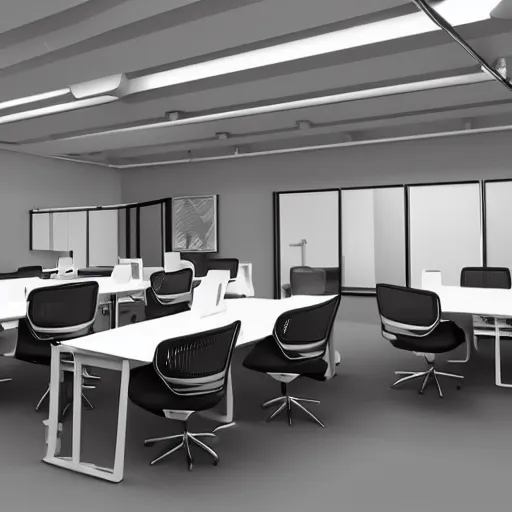 Prompt: a line drawing of an office with chairs and desks, a computer rendering by senior environment artist, polycount, bauhaus, matte drawing, ambient occlusion, global illumination