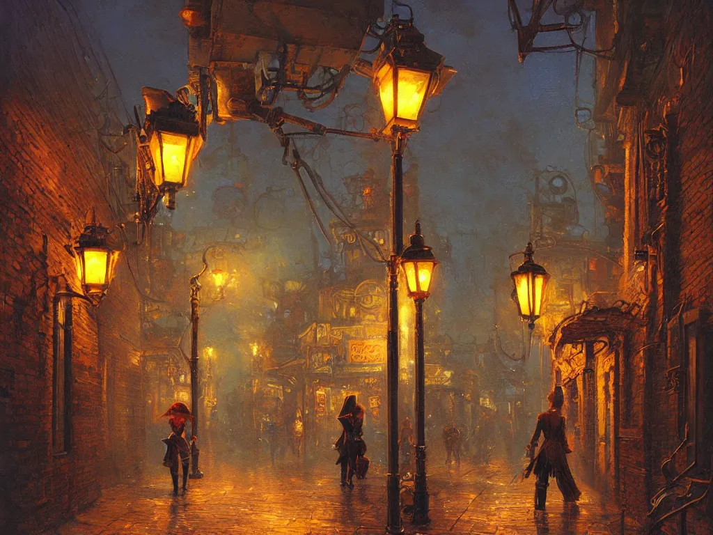 Prompt: oil painting steampunk alley thin Vicotorian lady under a street lamp by James Gurney, Thomas Kinkade, Ralph Horsley vivid color