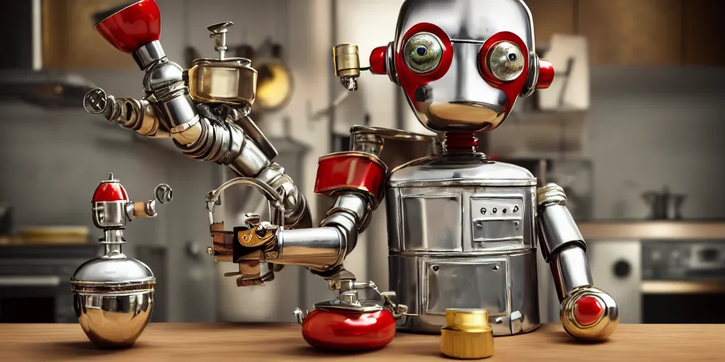 Image similar to closeup portrait of tin toy retro robot chef with flasks in a kitchen, cooking pastry with flasks, depth of field, zeiss lens, detailed, centered, fashion photoshoot, by nicoletta ceccoli, mark ryden, lostfish, breathtaking, 8 k resolution, extremely detailed, beautiful, establishing shot, artistic, hyperrealistic, octane render