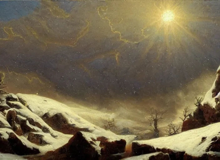 Image similar to earth after the cretaceous – paleogene extinction event, a harsh winter cools down the earth, blizzards envelop the lands, in the style of hudson river school of art, oil on canvas