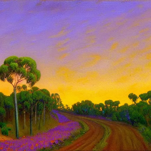 Image similar to a painting of a dirt road surrounded by eucalyptus trees and california golden poppies, violet woodland hill in the distance, violet sunset. an oil painting by magali villenueve, green orange violet triadic color palette, featured on deviantart, australian tonalism, pre - raphaelite, impressionism, detailed painting