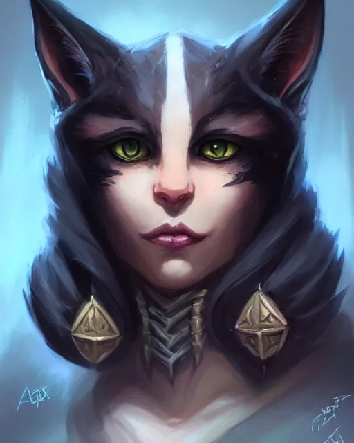 Image similar to Tabaxi :: Rogue, pretty, beautiful, DnD character art portrait, black hair, necromancy, matte fantasy painting, DeviantArt Artstation, by Jason Felix by Steve Argyle by Tyler Jacobson by Peter Mohrbacher, cinematic lighting.