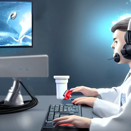 Image similar to An anthropomorphic grey dolphin in a white lab-coat playing games on a computer, digital painting, close-up, wearing a headset