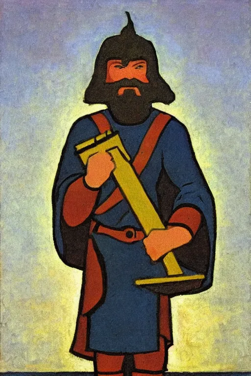 Image similar to thor holding the hammer, marvel, artwork by nicholas roerich,