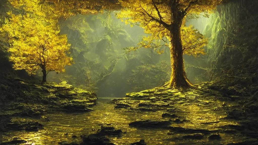 Prompt: A beautiful, highly detailed, very realistic oil painting of a single tree with lots of golden and bright glowing green leaves, next to a small river made of pure gold in the middle of a huge, very dark cave, with lots of dark grey rocks, oil painting by Greg Rutkowski.