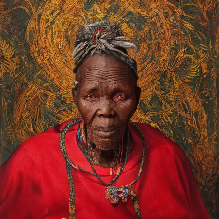 Image similar to a painting of a wise elder from Kenya by Kehinde Wiley . dramatic angle, ethereal lights, details, smooth, sharp focus, illustration, realistic, cinematic, artstation, award winning, rgb , unreal engine, octane render, cinematic light, macro, depth of field, blur, red light and clouds from the back, highly detailed epic cinematic concept art CG render made in Maya, Blender and Photoshop, octane render, excellent composition, dynamic dramatic cinematic lighting, aesthetic, very inspirational, arthouse.