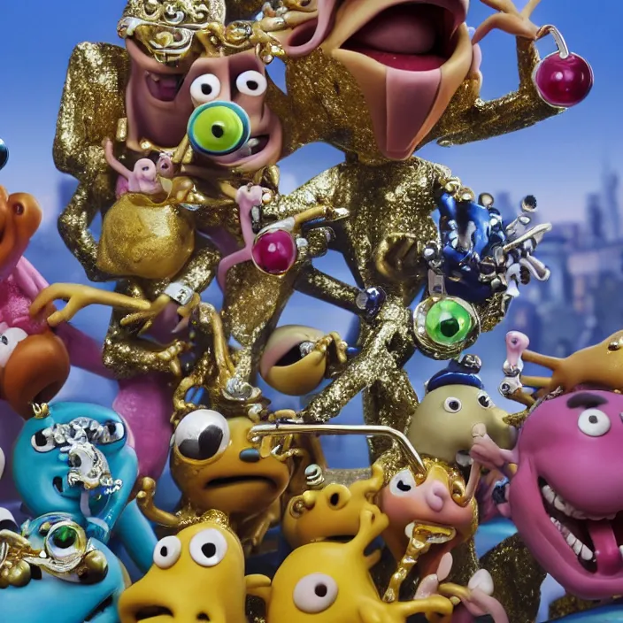 Prompt: jeff koons hip hop bauhaus style street frogs, cute frogs, frogs kissing wearing diamond grillz and a ton of bussdown iced gold bling in wallace & gromit strata - cut claymation, ultra realistic, concept art, intricate details, serious, highly detailed, photorealistic, octane render, 8 k, unreal engine, art by todd mcfarlane