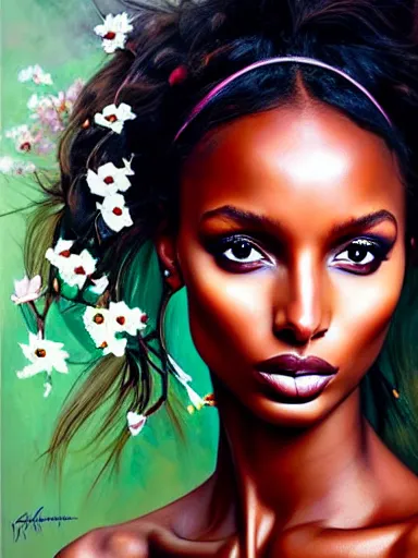 Image similar to portrait of jasmine tookes with a floral background : : painted by artgerm, karol bak, artur bordalo, sandra chevrier : : portrait, character, illustration, hyperrealism, photorealism