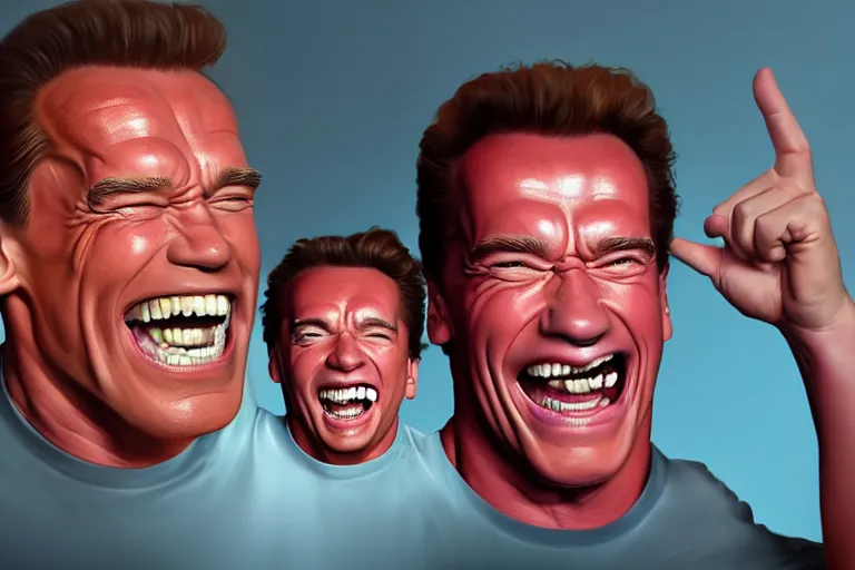 Image similar to Arnold Schwarzenegger laughing hysterically with crazy eyes, hyperrealistic, concept art, illustration, 8k, cinematic, digital painting, very detailed, volumetric lighting, artstation, octane render