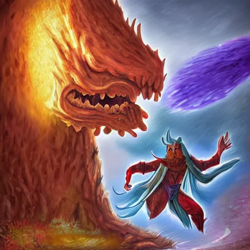 Image similar to wizard fighting a giant larva monster, digital art