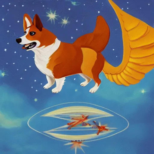 Image similar to corgi with [ angelic wings ]!!, [ flying like a superhero ]!! in the [ night sky ]!! where the stars are visibly perceptible, [ illustration via an abstract artist ]!!