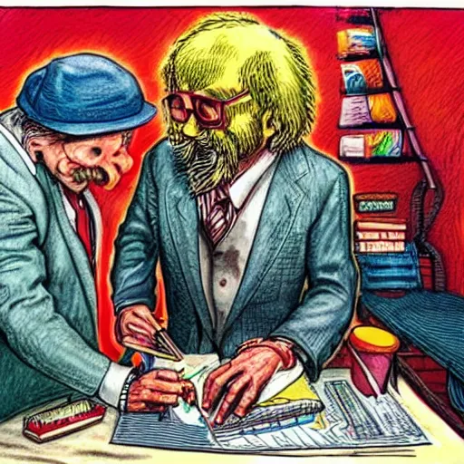 Image similar to The Artwork of R. Crumb and his Cheap Suit Dentist, pencil and colored marker artwork, trailer-trash lifestyle