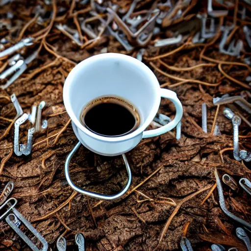 Image similar to a single metal paperclip with googly eyes, next to a steamy cup of coffee, in the woods, photography, depth of field, very symmetric, rule of thirds, 4 k resolution