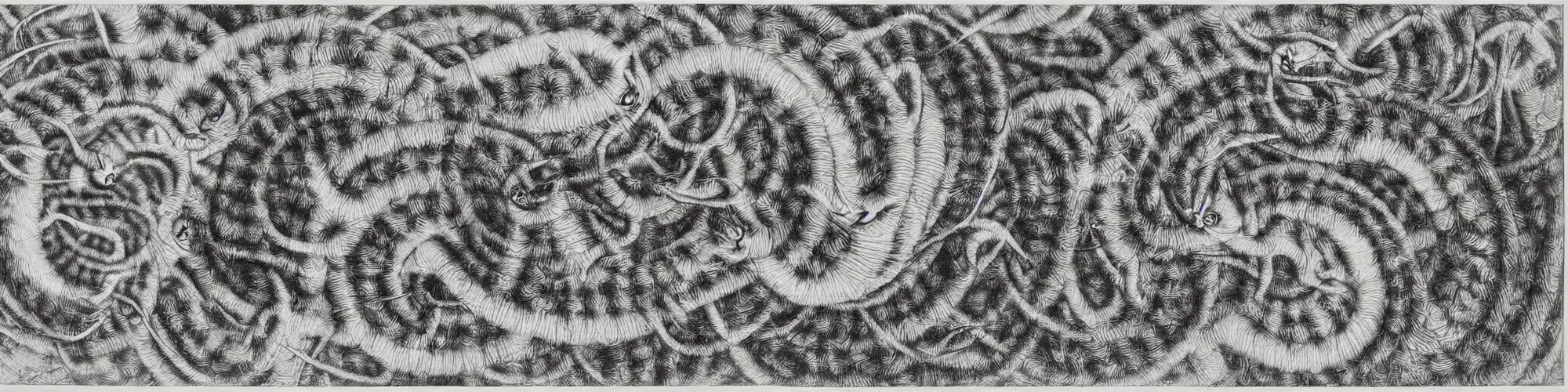 Prompt: a segmented centipede cat hybrid creature, lithograph, M.C. Escher