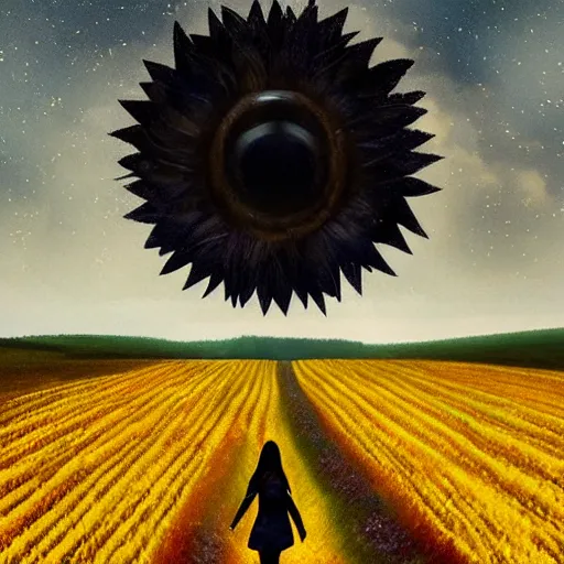 Prompt: giant black sunflower face, girl walking in wheat field, hills, surreal photography, dark night, star trails, dramatic light, impressionist painting, clouds, digital painting, artstation, simon stalenhag