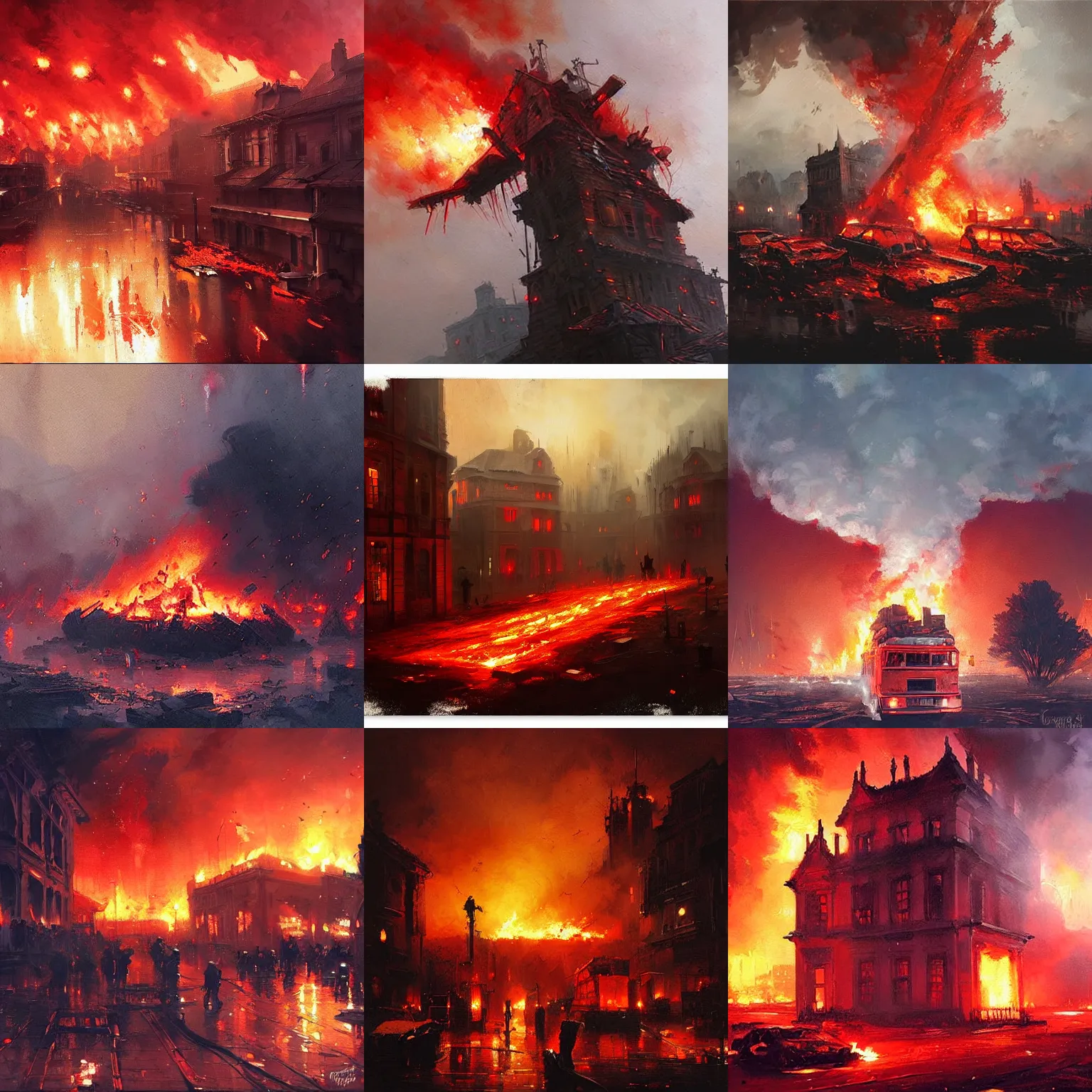 Prompt: Painting by Greg Rutkowski, Great Fire and Explosions on Red Squareire